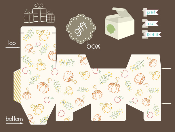 Printable Gift Box With Pumpkins And Apples And Flowers - Vector, Image
