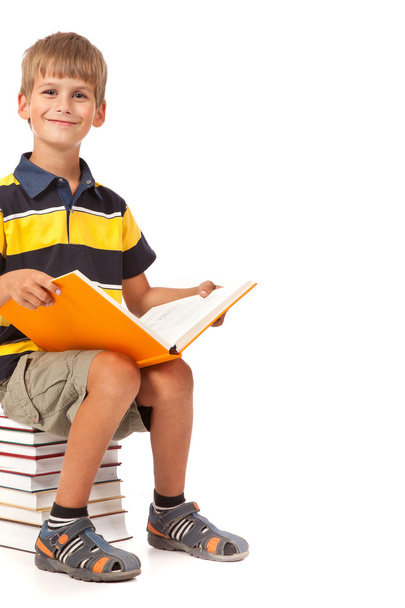 Schoolboy is sitting on books - Foto, Imagen