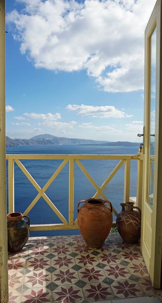 Aussichtspunkt in oia dorf auf santorini insel - Foto, Bild