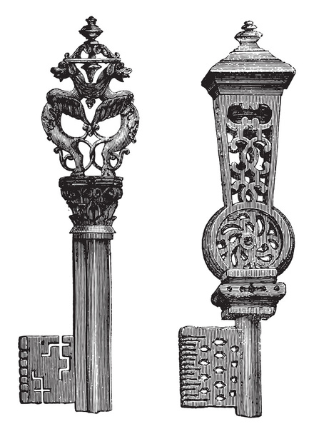 Keys of iron sixteenth century, vintage engraving. - Vector, Image