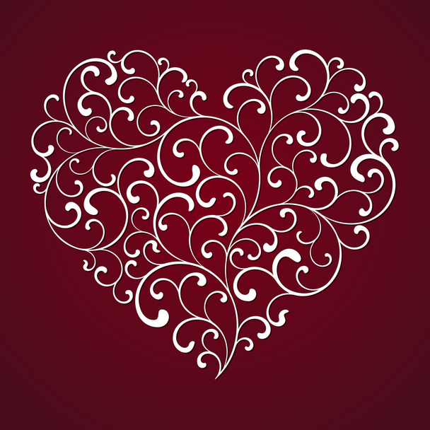 Decorative heart from curls on a red background - Vecteur, image