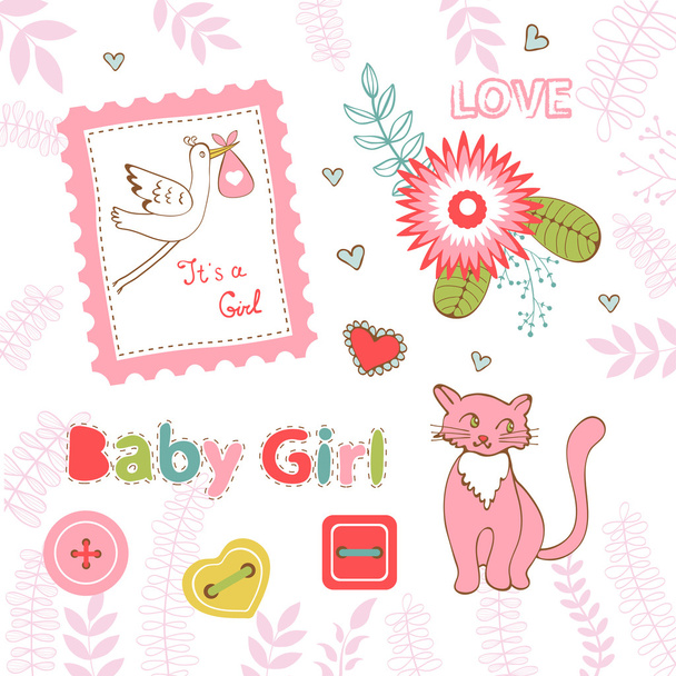 Kleurrijke verzameling van baby meisje aankondiging grafische elementen - Vector, afbeelding