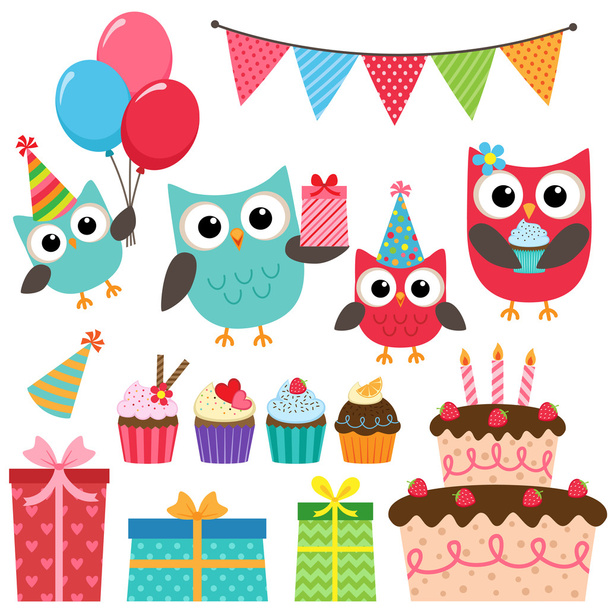 Birthday party elements with owls - Wektor, obraz