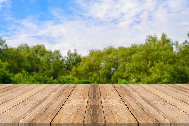 Wooden board empty table in front of blurred background. Perspective brown wood over blur trees in forest - can be used for display or montage your products. vintage filtered image. - Photo, Image