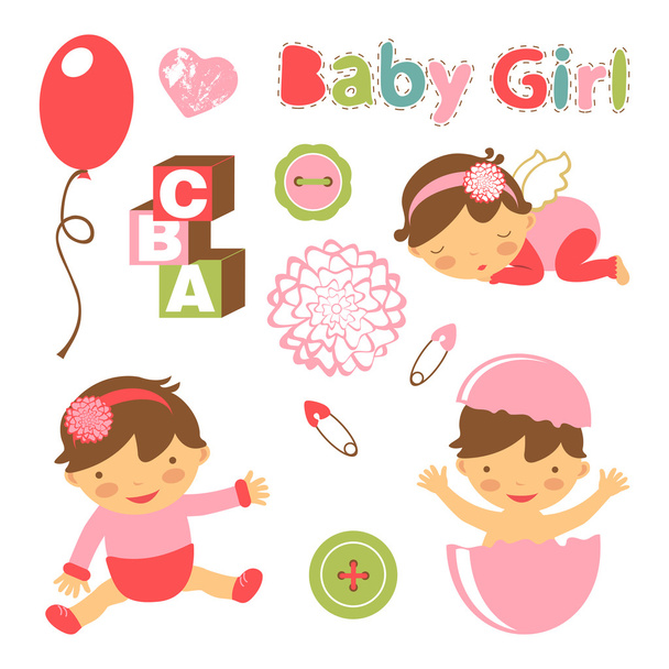 Πολύχρωμο συλλογή μωρό κορίτσι ανακοίνωση γραφικά στοιχεία - Διάνυσμα, εικόνα