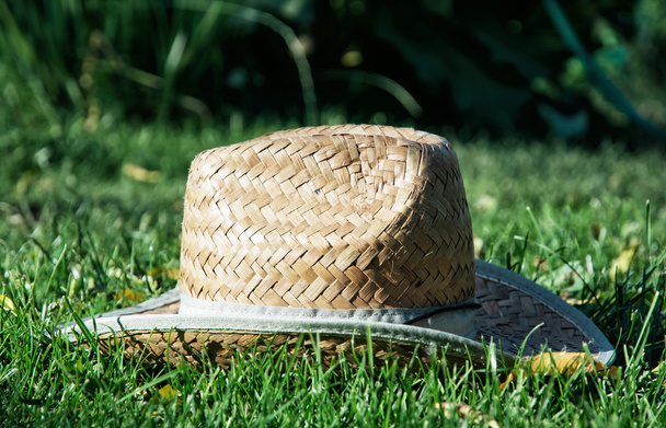 Retro żółty Słomkowy kapelusz na trawie - Zdjęcie, obraz
