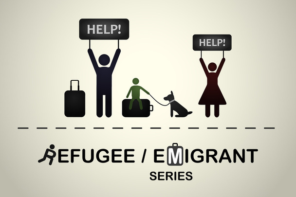 助けを求める犬と難民の家族 - ベクター画像