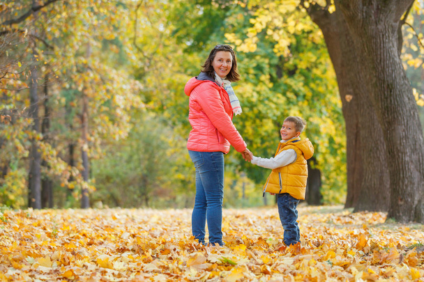 Adorable boy with his mother in autumn park - Fotografie, Obrázek
