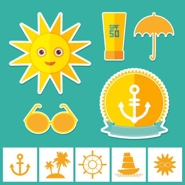 Set of summer vacation beach. Umbrella sun ship sailing sunglasses cream anchor steering wheel island, palm trees. Yellow Green Orange on blue background. Vector - Vektör, Görsel