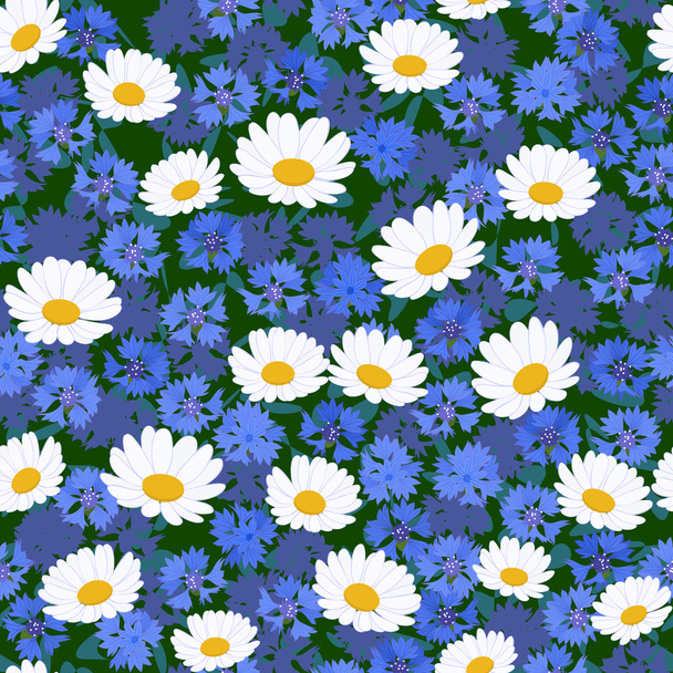 Seamless camomiles and cornflower pattern - Vector, Imagen