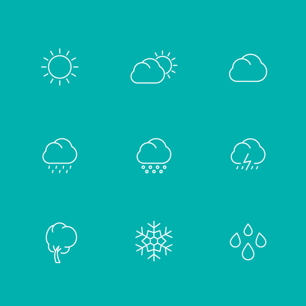 Időjárás vonal ikonok, napos, felhős napon, eső, jégeső, hó, szél, elszigetelt készlet - Vektor, kép