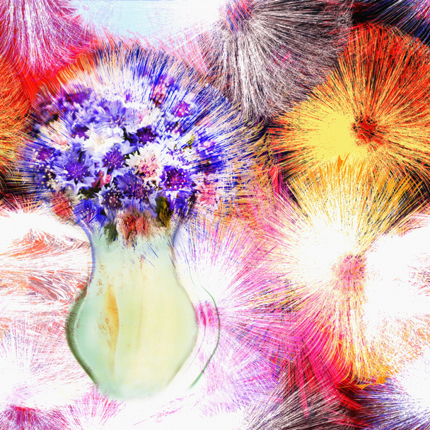 Открытка со стилизованными голубыми кукурузными цветами в вазе
  - Фото, изображение