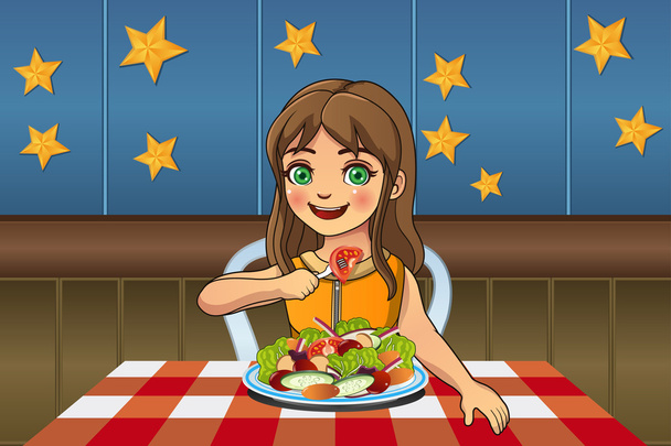 Girl Eating Salad - Vector, Image