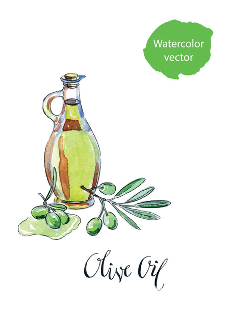 Branch with olives and a bottle of olive oil - Vector, Imagen