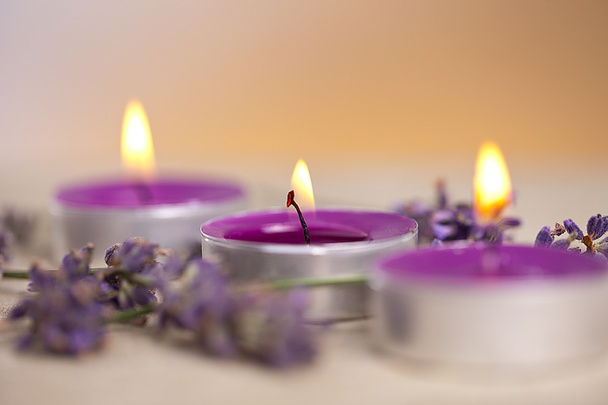 candels s flamme s levandulí - Fotografie, Obrázek