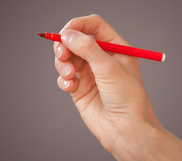 Female hand holding a red felt-tip pen  - Photo, Image