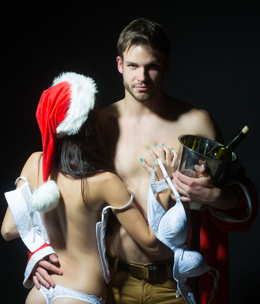 New year sensual couple with wine - Photo, image