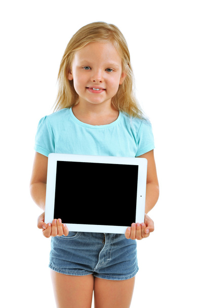 Beautiful little girl with digital tablet - Zdjęcie, obraz