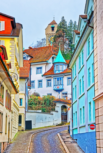 Narrow street with colorful buildings in Lucerne - Фото, зображення