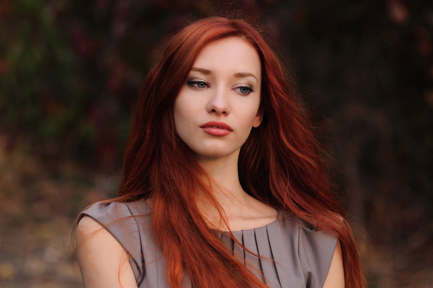 Portrait extérieur de belle jeune femme aux cheveux roux
 - Photo, image