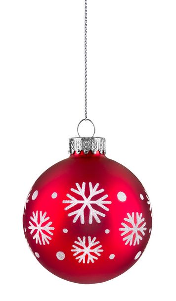 Red snowflake christmas ball hanging on string, isolated on whit - Photo, Image