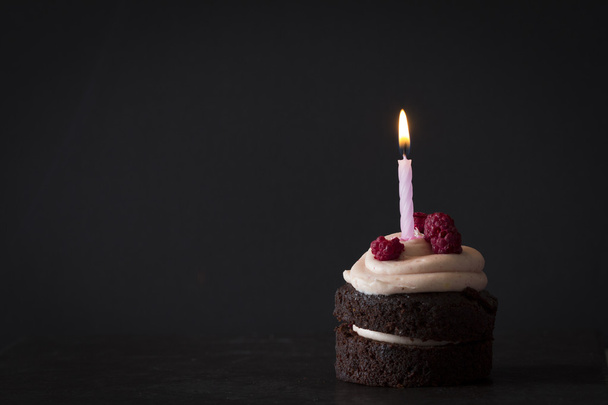 ラズベリーとキャンドルのチョコレートの誕生日ケーキ - 写真・画像