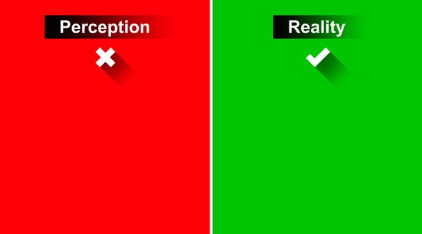 Vnímání a realita se značkami na zelené a červené pozadí - Fotografie, Obrázek