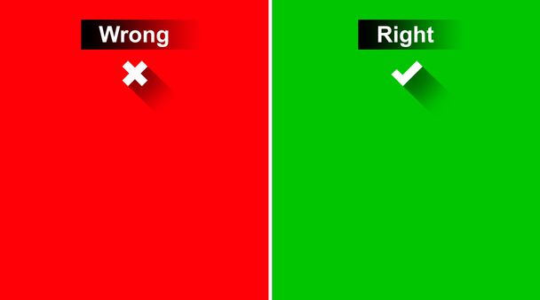 falsch und rechts mit Häkchen auf grünem und rotem Hintergrund - Foto, Bild