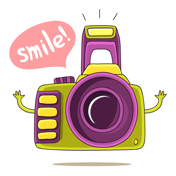 Green Cute camera with his hands and says "Smile!" - Vector, Image