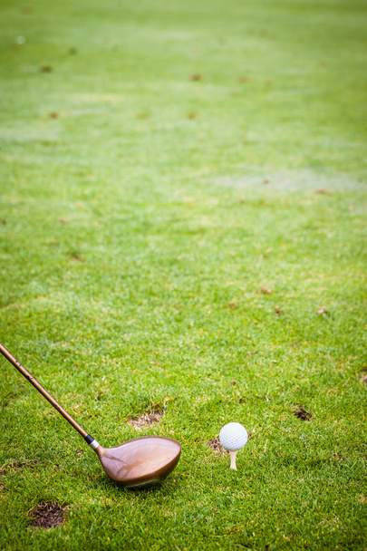 A driver club and a golf ball on the field - Fotó, kép