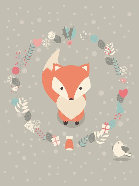 Χαριτωμένο Χριστούγεννα όμορφοι αλεπού μωρό με floral διακόσμηση - Διάνυσμα, εικόνα
