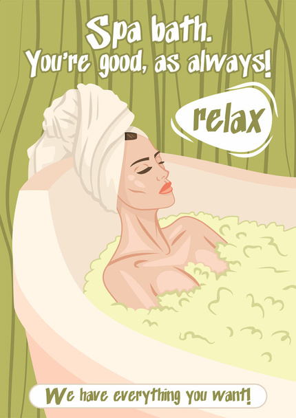 Piękna kobieta odprężającą kąpiel z pianką zielony plakat - Wektor, obraz