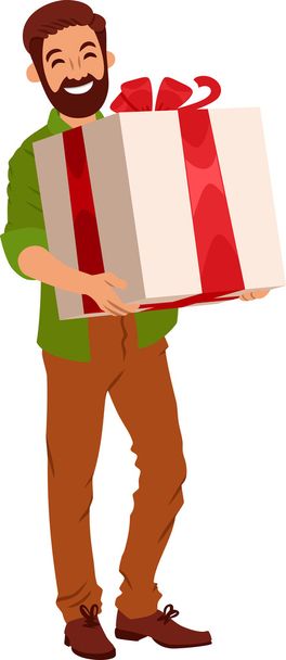 barbudo chico en una camisa verde está sosteniendo una caja de regalo
 - Vector, Imagen