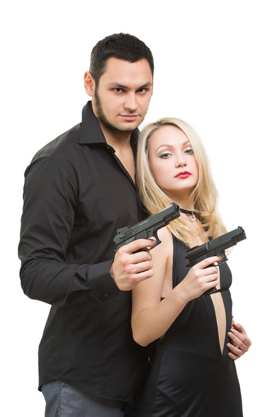 Man detective agent criminal and sexy spy woman with gun. Isolated on white background. - Фото, зображення