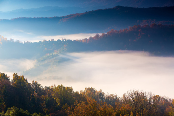 paysage d'automne levé tôt avec le brouillard à Zagorochoria, Epire Grèce
 - Photo, image