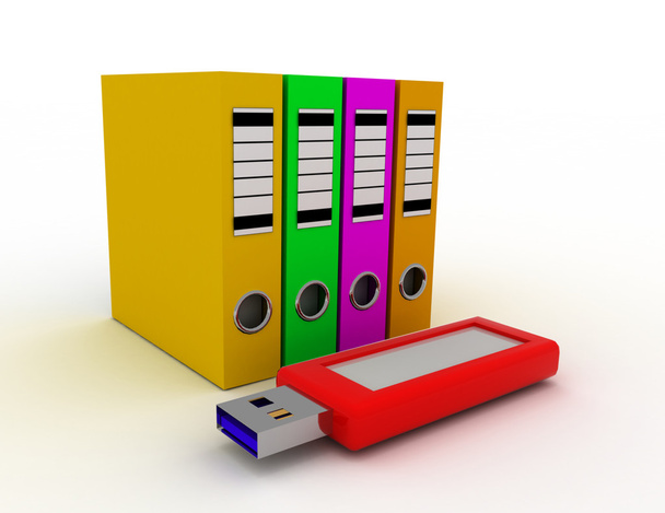 office ring binders with blue usb flash drive. saving data conce - Photo, Image
