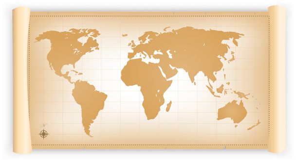 Винтажная карта мира на пергаментном свитке
 - Вектор,изображение