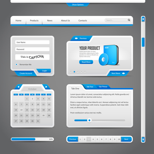 Web UI Controls Elements Gray And Blue On Dark Background : Navigation Bar, Buttons, Slider, Message Box, Pagination - Vektör, Görsel