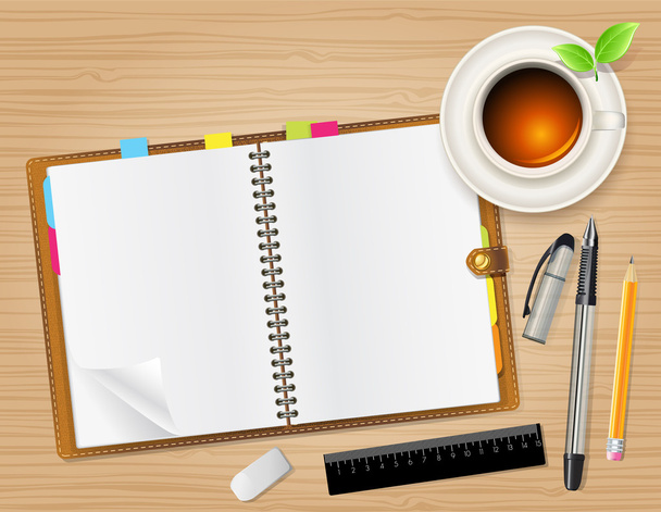 Open diary and cup of tea - Vector, Image