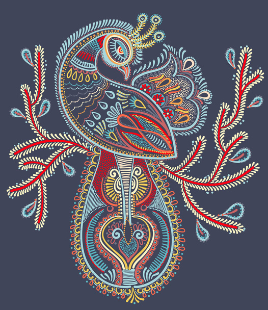 ethnic folk art of peacock bird with flowering branch design - Vettoriali, immagini
