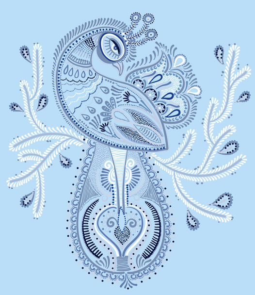 winter blue ethnic folk art of peacock bird with flowering branc - Wektor, obraz