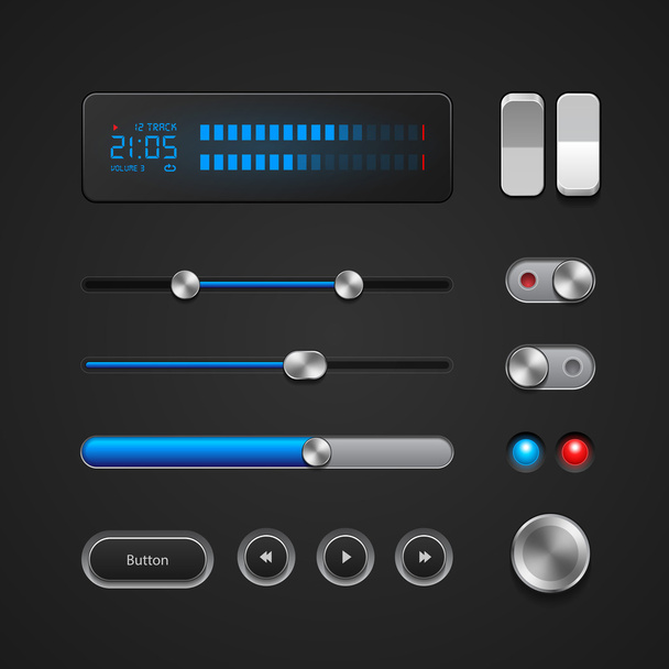 Hi-End User Interface Elements: Buttons, Switchers, On, Off, Player, Audio, Video: Play, Stop, Next, Pause, Volume - Vector, afbeelding