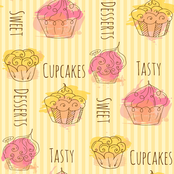 Seamless pattern with vector cupcake illustration. Set of 4 hand drawn cupcakes with colorful splashes.  - Vector, Imagen