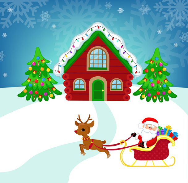 Beautiful winter landscape Santa's house. Santa Claus in his sleigh. Vector Illustration. - Vektör, Görsel