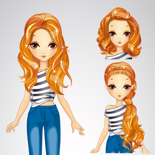 Fashion Girl In Jeens And Collection Of Hairstyles - Vettoriali, immagini