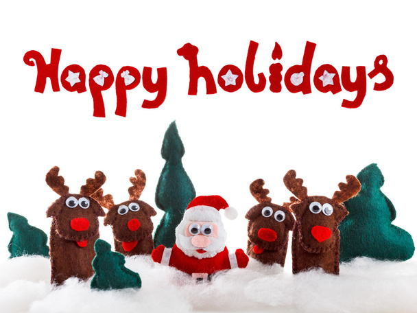 Santa, deer dolls in snow for christmas, xmas on white. - Фото, зображення