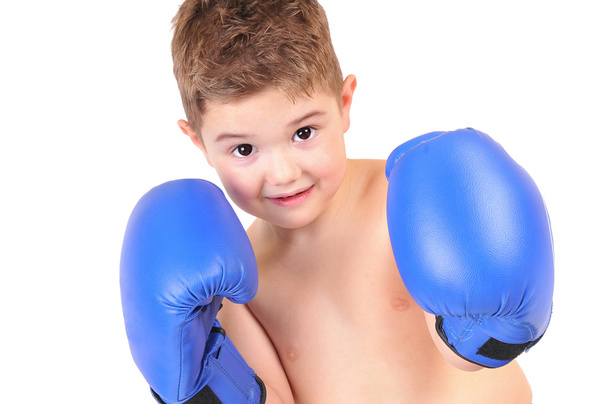 Boy with boxing gloves on white background - Fotoğraf, Görsel
