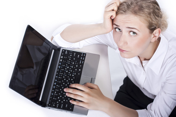 Top view of woman working on laptop - Foto, imagen