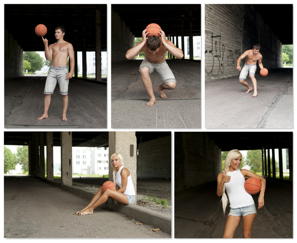 ストリート バスケット ボールのコラージュ。5 枚の写真から成っています。. - 写真・画像