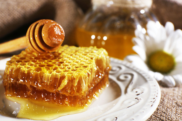 Honey products on plate closeup - Фото, изображение